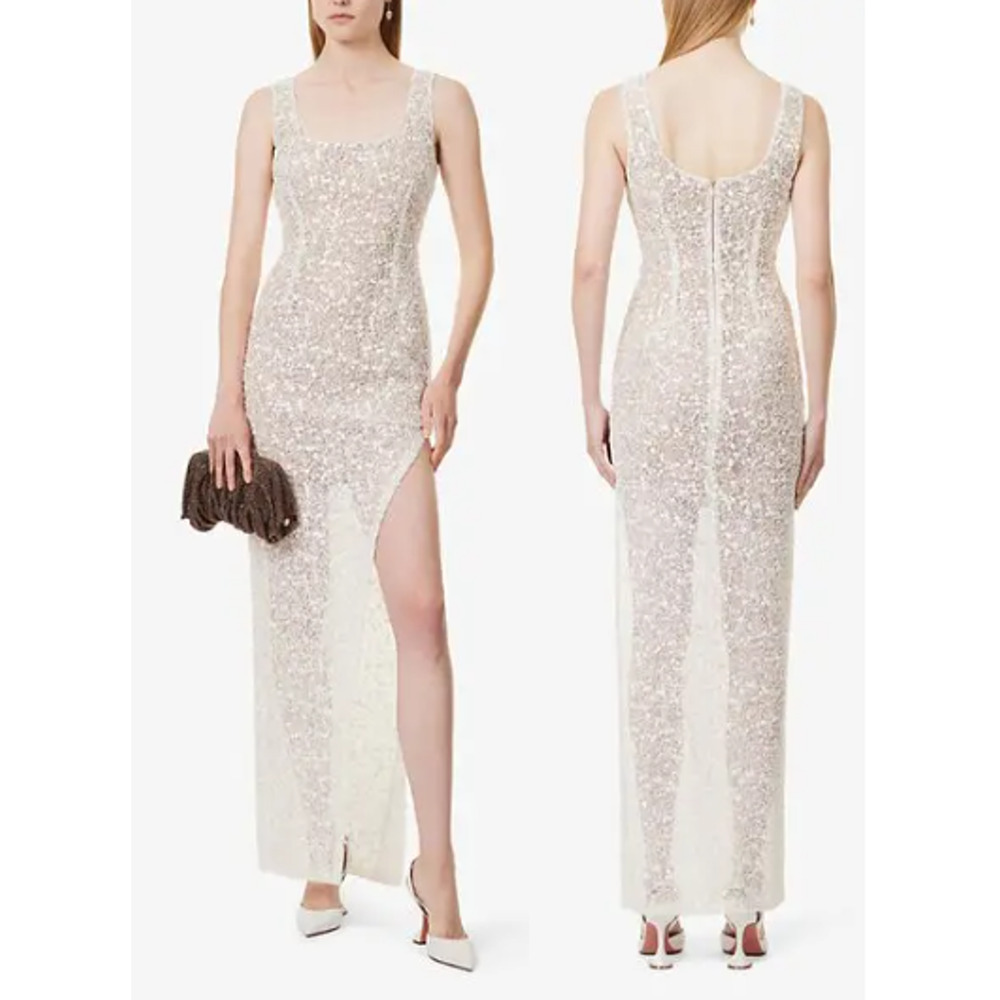 NWT Nadine Merabi Louisa Embellished Woven Slit Maxi Dress White White Womens S